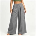thumbnail image 4 of GUACER Womens Wide Leg Cargo Pants Button Waist Cotton Linen Casual Utility Trousers Pockets, 4 of 8