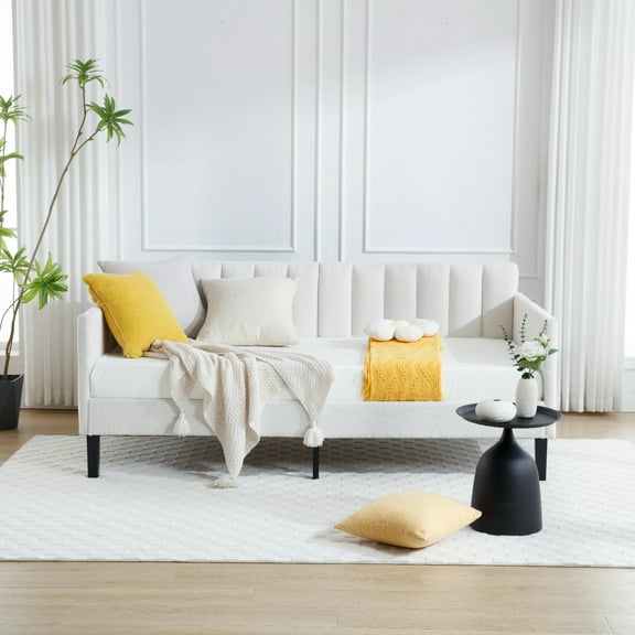Twin Size Ivory Boucle Upholstered Daybed, Ribbed Tufted Backrest, Daybed in Lavish Modern Design, Richly Hued Foam Comfort