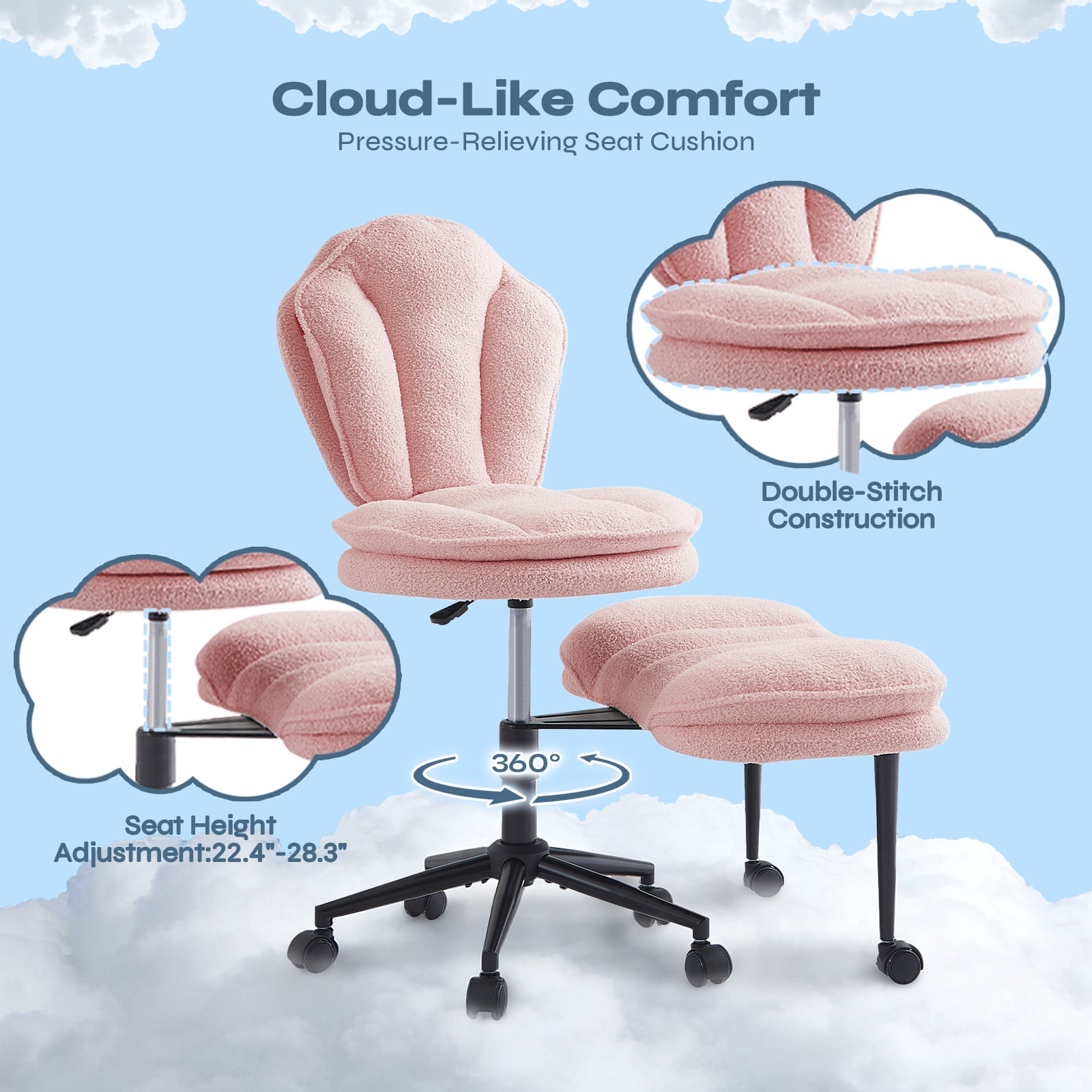 Pinmoco Cloud-Style Cross Legged Office Chair, Kneeling & Criss Cross Swivel Desk Chair with Full Lumbar Support, 360° Rotating Footrest, Ergonomic ADHD Meditation Yoga Chair for Home Office, Pink