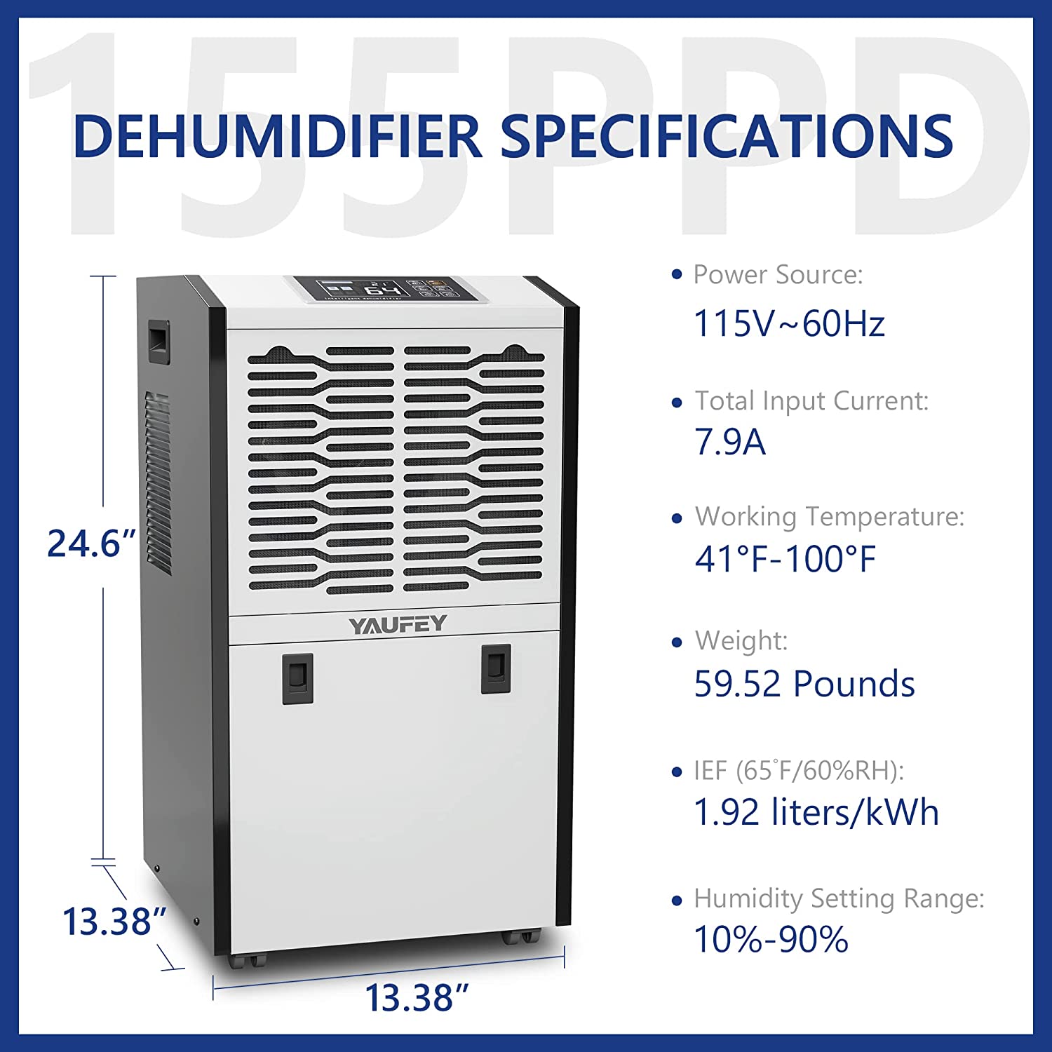 Yaufey Large Commercial 155 Pint Dehumidifier for Spaces up to 8,000 Sq. Ft - Includes 6.56ft Drain Hose, 1.32 Gal Water Tank Ideal for Large Basements, Industrial or Commercial Spaces and Job Sites