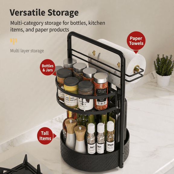 SEENWUUN 2-Tier Rotating Spice Rack Organizer, 360° Height Adjustable Carbon Steel Countertop Storage Shelf for Spice Jars, Tableware, and Cosmetics