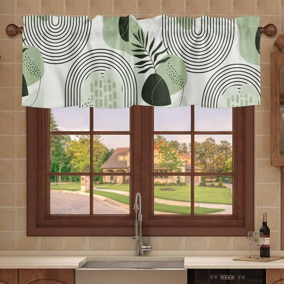 Kitchen Valances for Window, Abstract Mid Century Green Color Block Light Filtering Rod Pocket Valance Curtain, Minimalist Boho Leaf Short Curtains Window Topper for Bedroom 54x18in