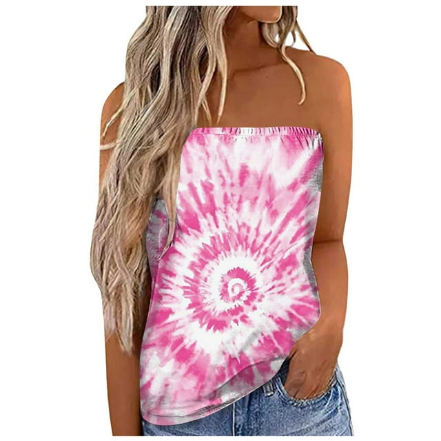 MIASHUI Blouse Tube Imprimée pour Femmes Vacances d'Été Décontractée Sans Bretelles Bandeau Débardeur, Rose Vif, G