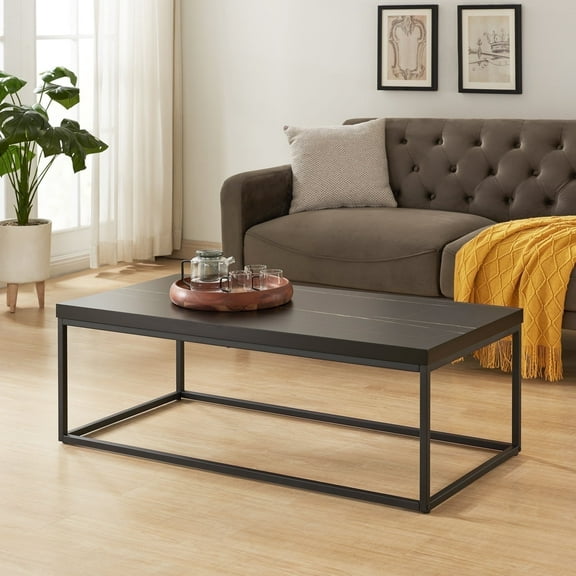 Censi 47" Black Marble Coffee Table, Rectangular Modern Design, 1.6" Thick Top, Wood & Durable Metal Frame