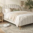 thumbnail image 6 of Queen Bed Frame Cream White Velvet, 48.8" Tall Arched Headboard and Footboard Set, Luxury Platform Bed with Gold Nailhead Trim, 6.3" Clearance for Robot, Vertical Tufted, Ivory, 6 of 9