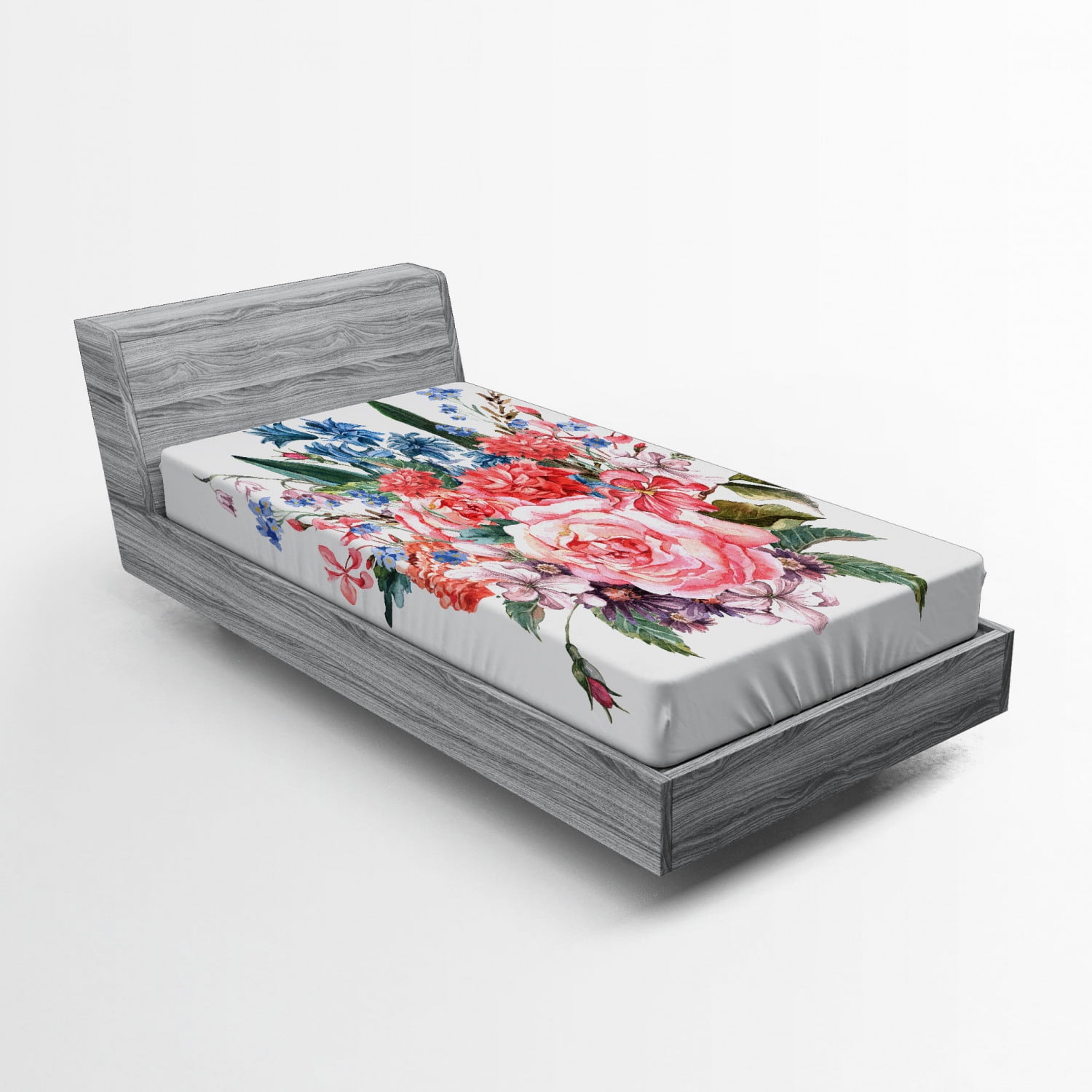 Flower Fitted Sheet Bouquet of Garden Mountain Flowers with Roses and Daisises Buds and Leaves