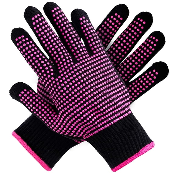 2 Pcs Heat Resistant Gloves with Silicone Bumps, (New Upgraded ) Professional Heat Proof Glove Mitts for Hair Styling Curling Iron Wand Flat Iron Hot-Air Brushes, Universal Fit Size