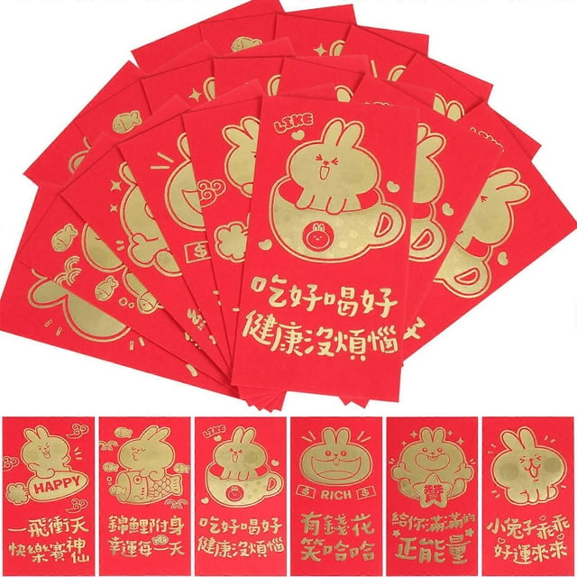 Red Packets Chinese New Year Money Pockets Cute Rabbit Design Rectangular Shape 17X9CM Gift Container 30Pcs