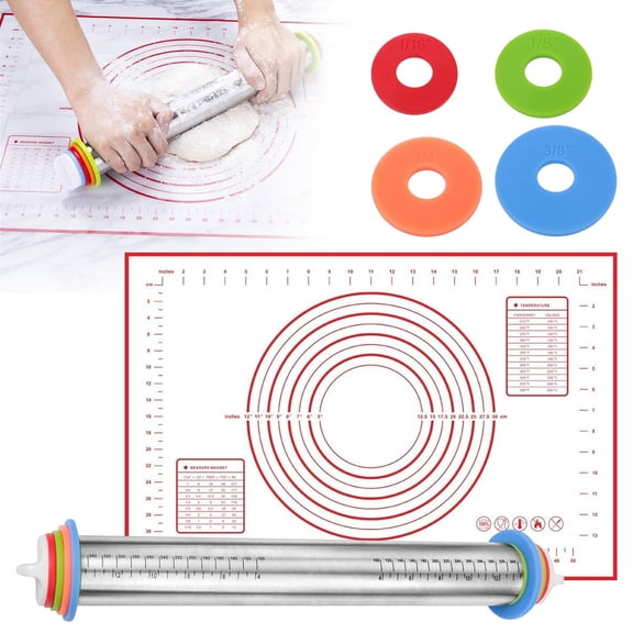 Rolling Pin & Baking Mat Set Stainless Dough Roller with Adjustable Thickness Rings, for Fondant/Pizza/Pie/Pasta/Cookies Baking Bradem