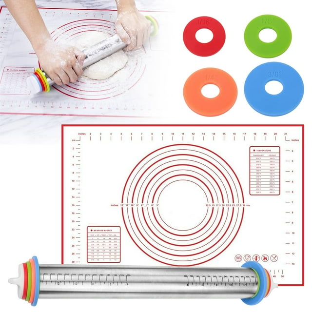 Ensemble de Rouleau à Pâtisserie et de Tapis de Cuisson Rouleaux à Pâtisserie avec Anneaux d'Épaisseur Réglable Rouleau à Pâte en Acier Inoxydable pour la Cuisson Fondant Pizza Tarte Pâtes Biscuits Rouleau à Pizza en Bois