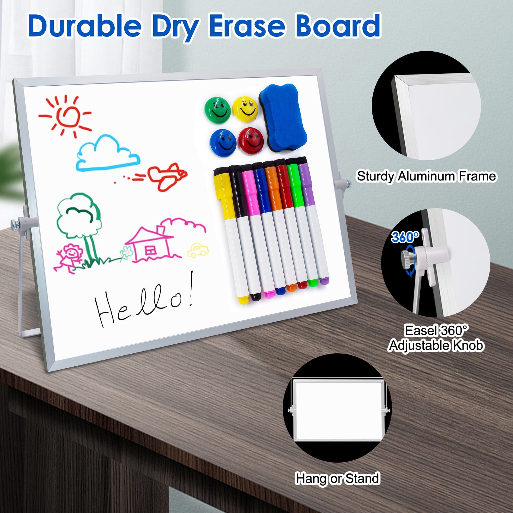 YOLETO Magnetic Desktop Whiteboard with Stand - 16" X 12" Dry Erase Board Double Sided White Board Easel Kit with 8 Markers, 4 Magnets, 1 Eraser - School Supplies, To Do List Memo
