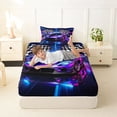 thumbnail image 4 of Castle Fairy Neon Race Car Trio Twin Sheet Sets 3pcs for Kids, Checkered Flag Glow Bedding for Bedroom, Purple Pink, 4 of 6