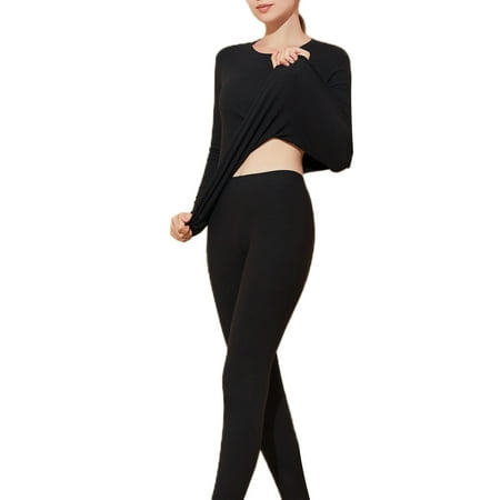 

Lumento Ladies Pajamas Winter Pants Set Lightweight Round Collar Two Pieces Outfits Warm Long Sleeve 2Pcs Outfit Women Black S