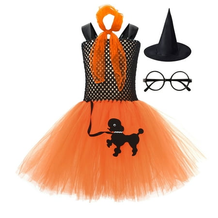 

Baby Girl Clothes Toddler Halloween Custome Girls Dress Tutu Mesh Dress Hat Glasses Silk Scarf 4pcs Sets Performance(Size:8-9 Years)