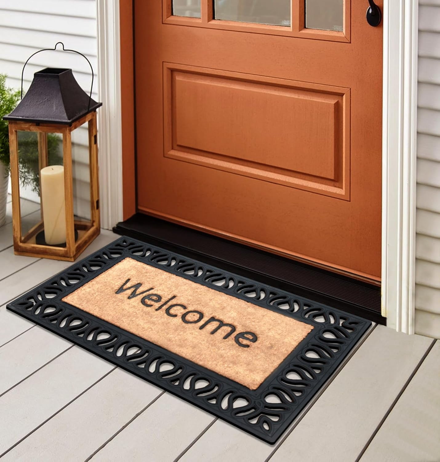 A1HC Rubber and Coir Paisley Border Beautifully Design Welcome Doormat for Outdoor Indoor Entrance Mat 18"X30", Black/Beige