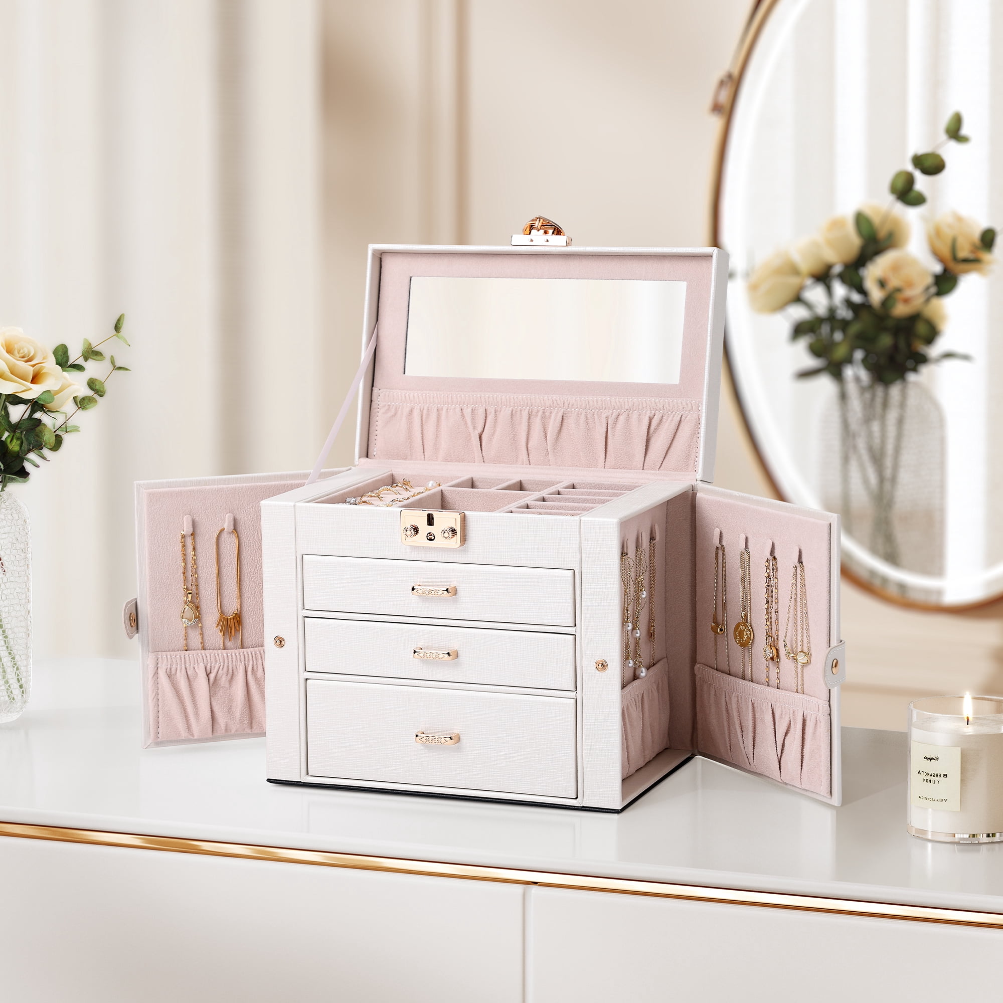 Casegrace 4-Tier Huge Jewelry Organizer with Small Jewelry Case, Built-in Large Mirror Case, 2 Side-door Necklace Display Holder, 3 Drawers Storage Jewelry Box for Earrings, Rings, Bracelets, Watches