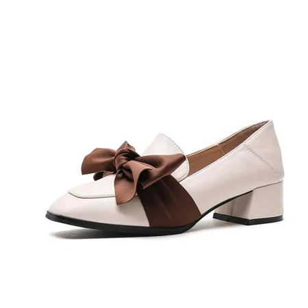 

Women‘s Faux Leather Shoes Chunky Heel Bow Decor Loafers