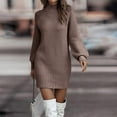 thumbnail image 2 of Stichou Knitted Dresses for Women 2025 Long Sleeve Casual Pleated Plain Dresses Mock Neck Winter Trendy Sweater Dress Brown 2XL, 2 of 8