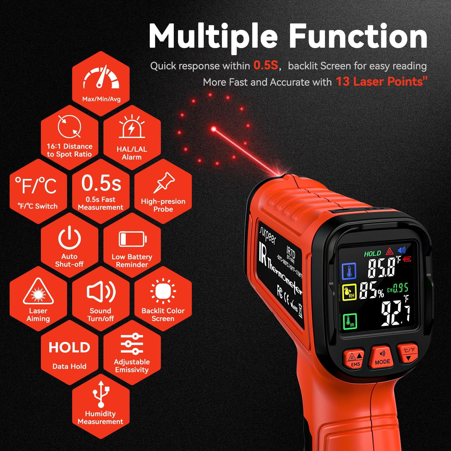 -58°F to 1796°F Infrared Thermometer Gun 16:1 with K-Type Probe，Humidity Display，Industrial & Home