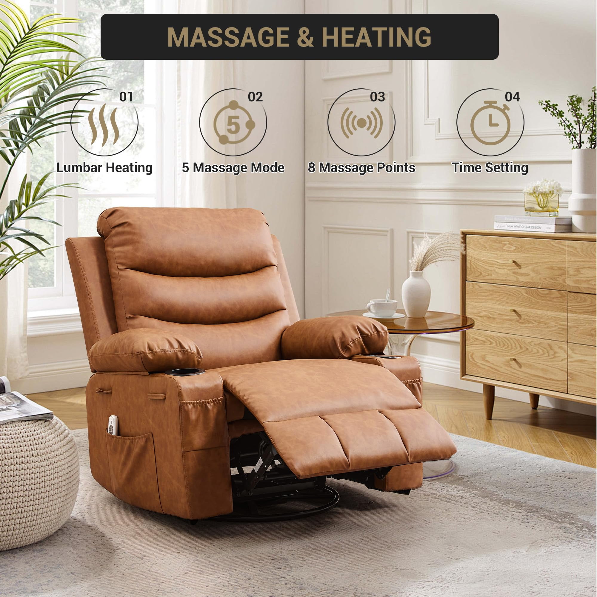 Recliner Chair Nursery, Oversized Manual Reclining Rocking Chair, 360 Swivel Glider with Cup Holder, Massage and Heat Recliner, Indoor Small Single Sofa Chairs for Adults RV Bedroom, Beige/Grey/Brown