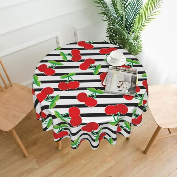 Cherry Pattern Tablecloth Round Table Cover Washable Polyester Table Cloth for Kitchen Party Picnic Dining Decor 60 Inch