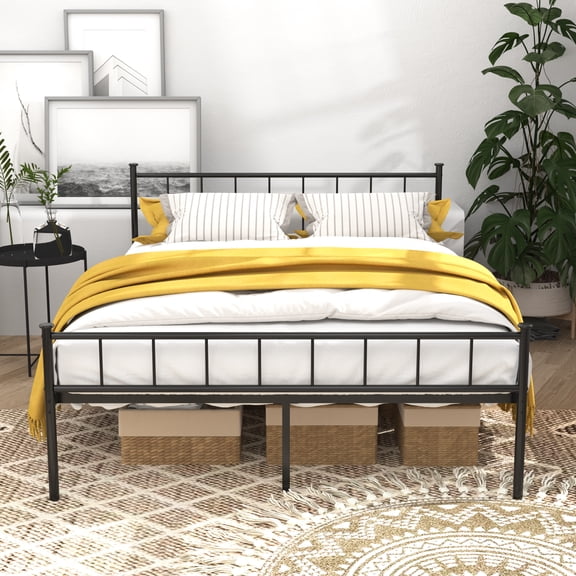 LHKJ Queen Metal Bed Frame with Headboard and Footboard, Under-Bed Storage, Black