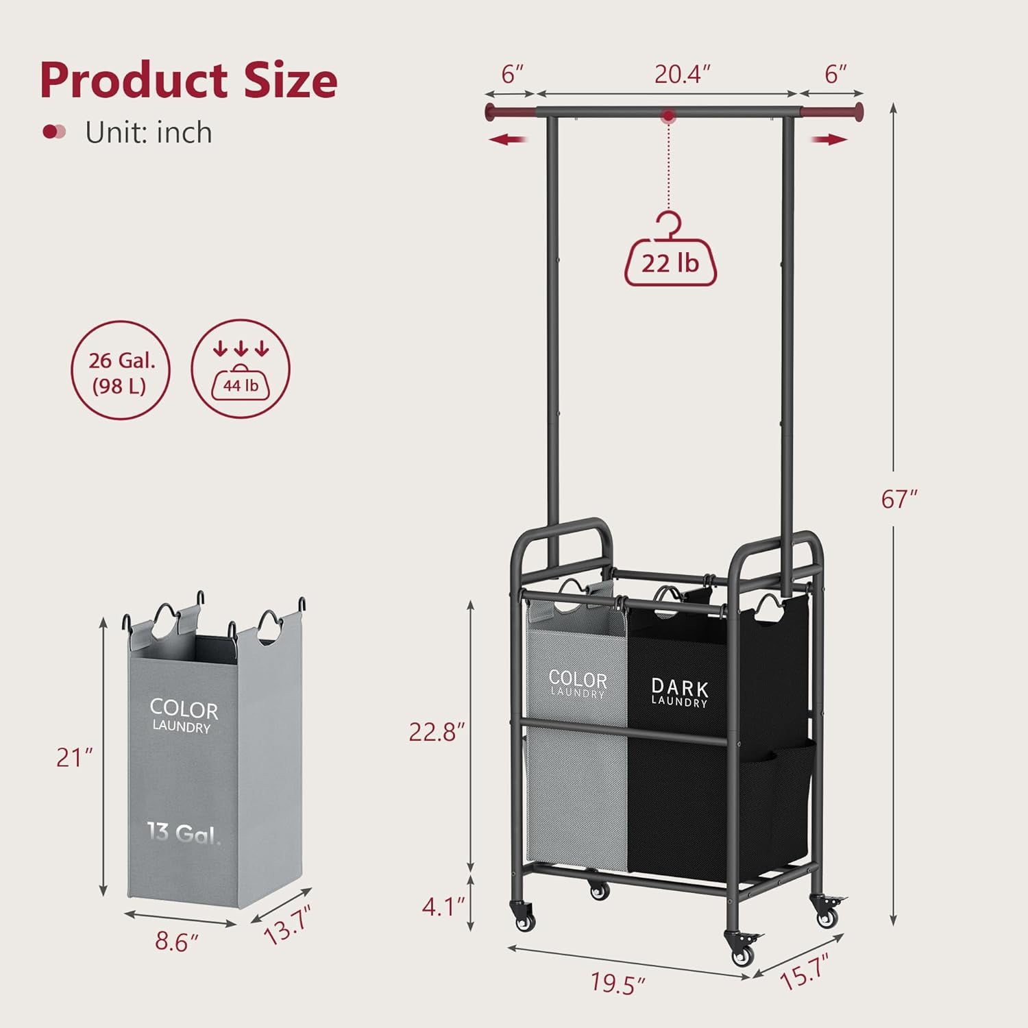 Laundry Sorter with Hanging Rack, 2 Section Rolling Laundry Hamper with Lockable Wheels and Removable Bag