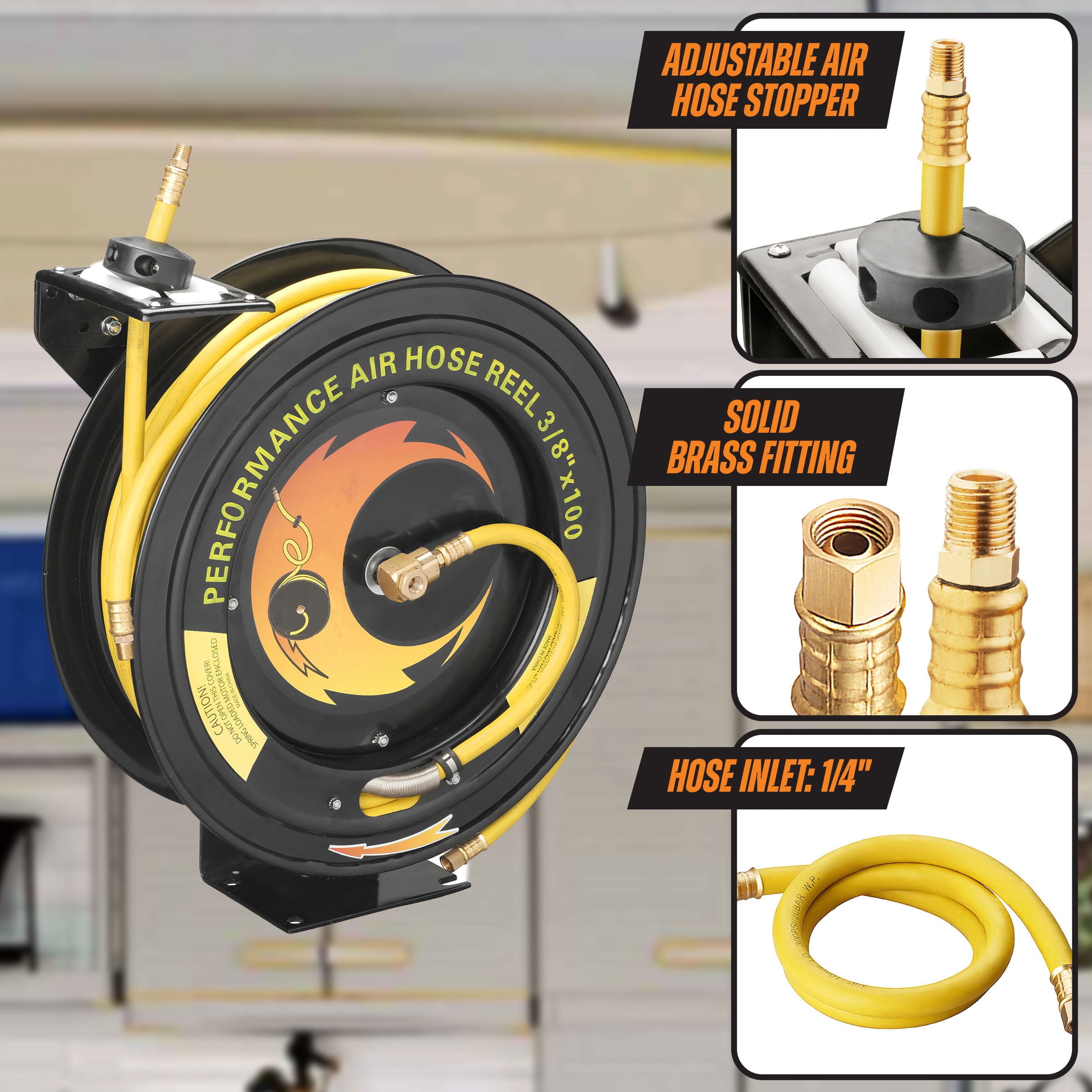 Pentagon Tools HWD630468 Genuine Rubber, 0.37" x 100 ft Retractable Air Hose Reel