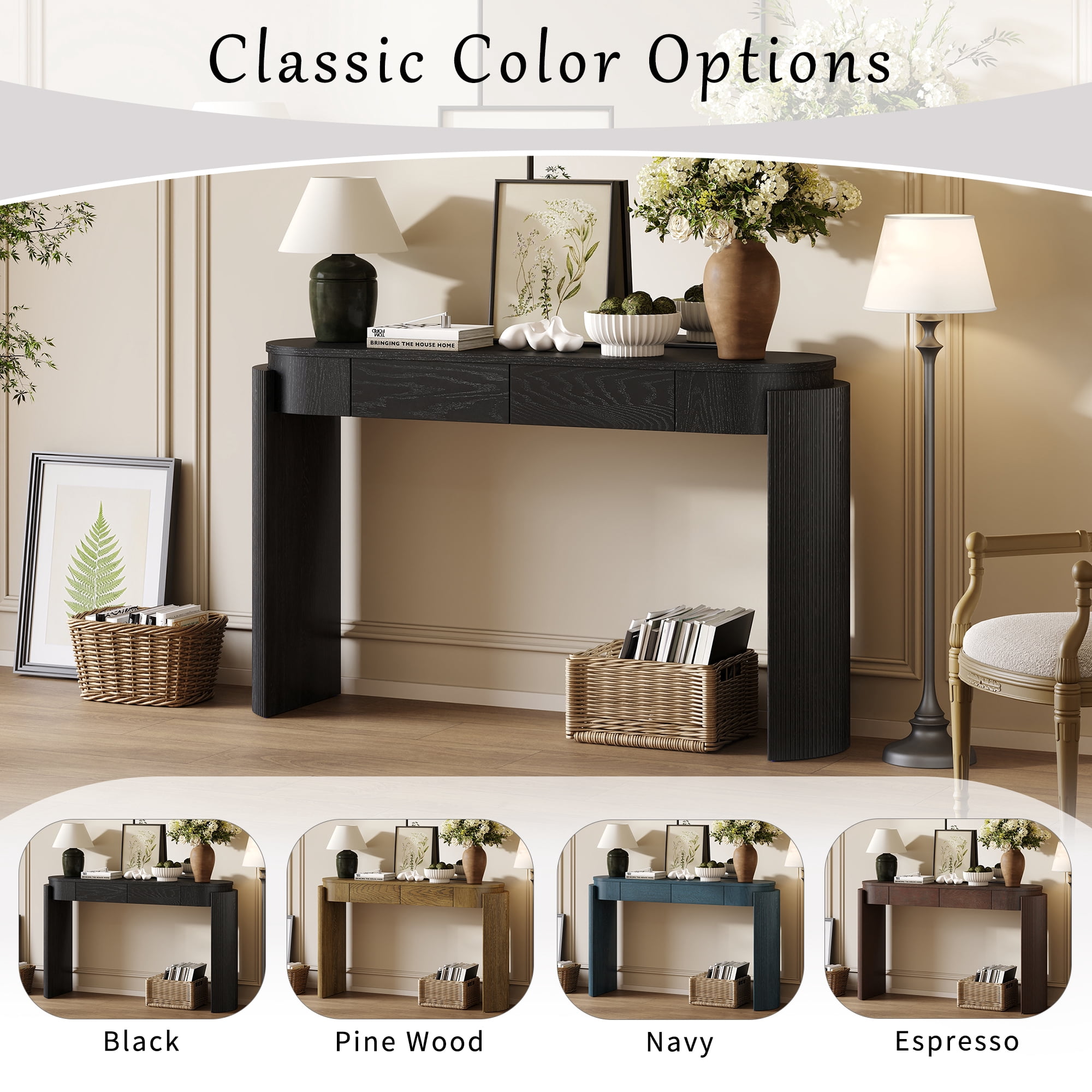 Harper & Bright Designs Fluted Console Table with Storage, Wood Entryway Table with Drawers and Oval Top Shelf, Black