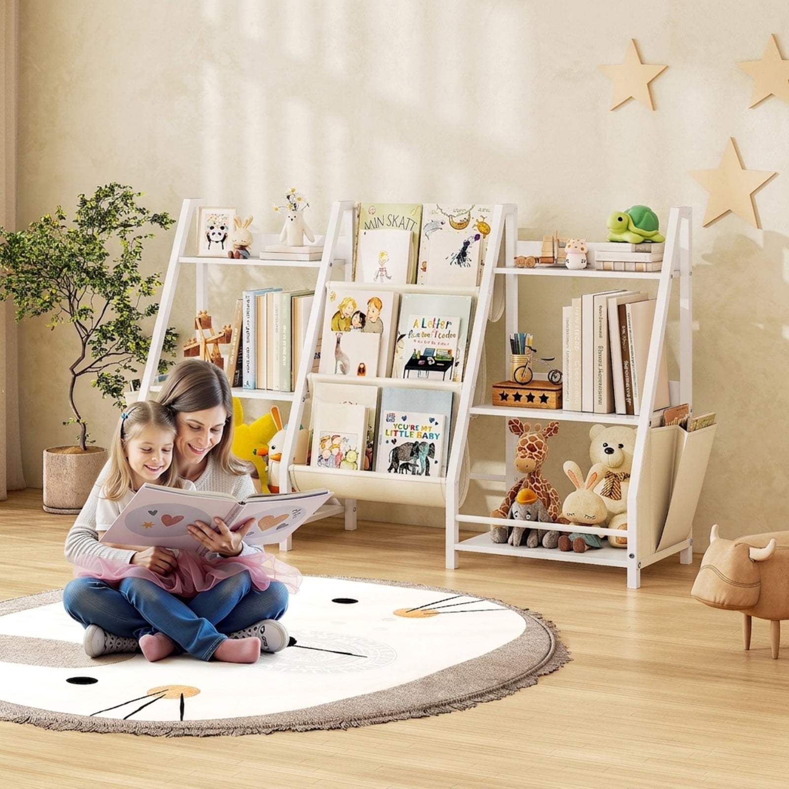 Fenbeli 3-Tier Kids Bookshelf Toy Storage Organizer with 2 Side Pockets for Bedroom and Nursery, White