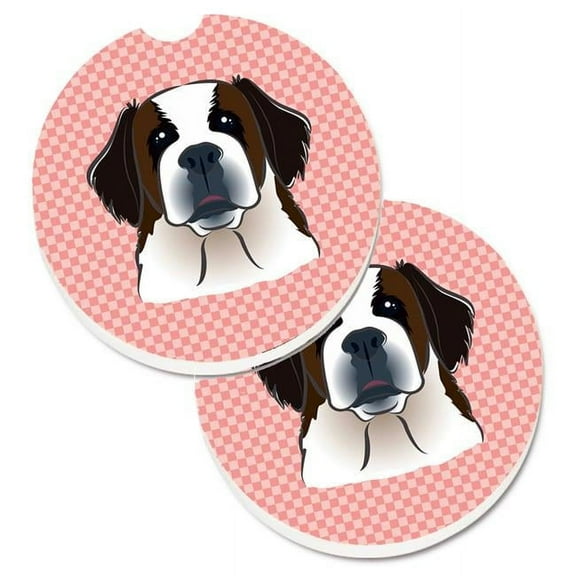 Checkerboard Pink Saint Bernard Set of 2 Cup Holder Car Coaster