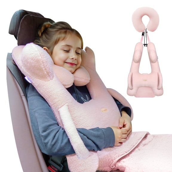 FLORICH Car Sleeping Travel Pillow for Adults and Children to Support Head and Body on Road Trips with Neck Pillow and Blanket, Pink