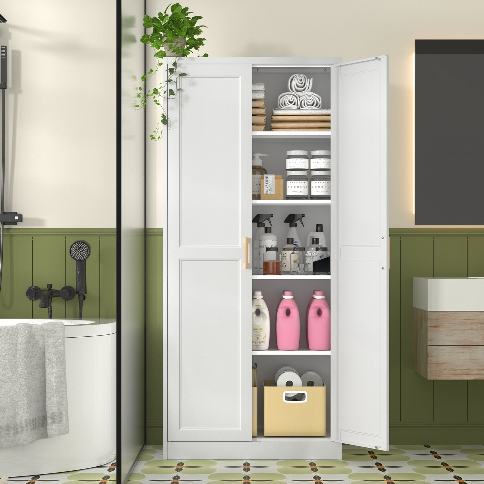 Polup 71" Height Metal White Storage Cabinet, Modern Tall Steel Pantry Cupboard with 2 Doors and Adjustable Shelves for Kitchen Garage and Home