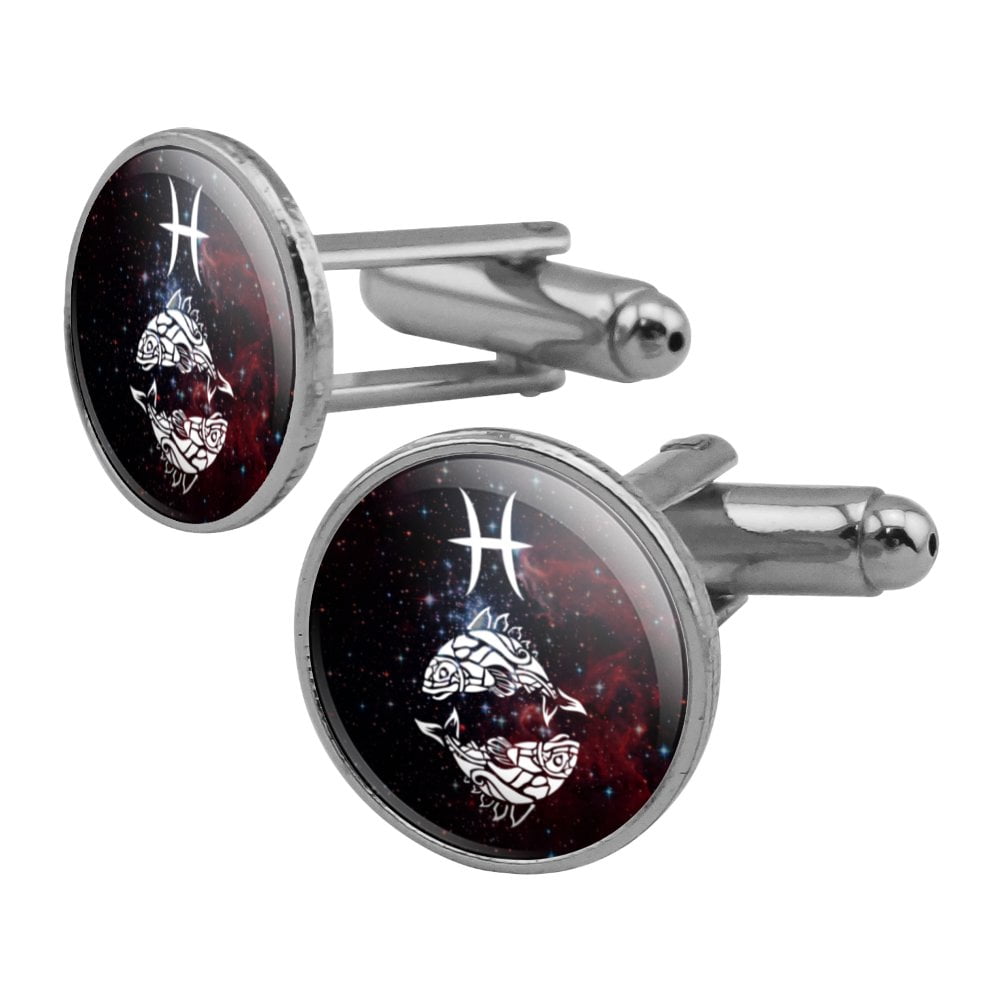 Pisces Fish Zodiac Sign Horoscope in Space Round Cufflink Set Silver Color
