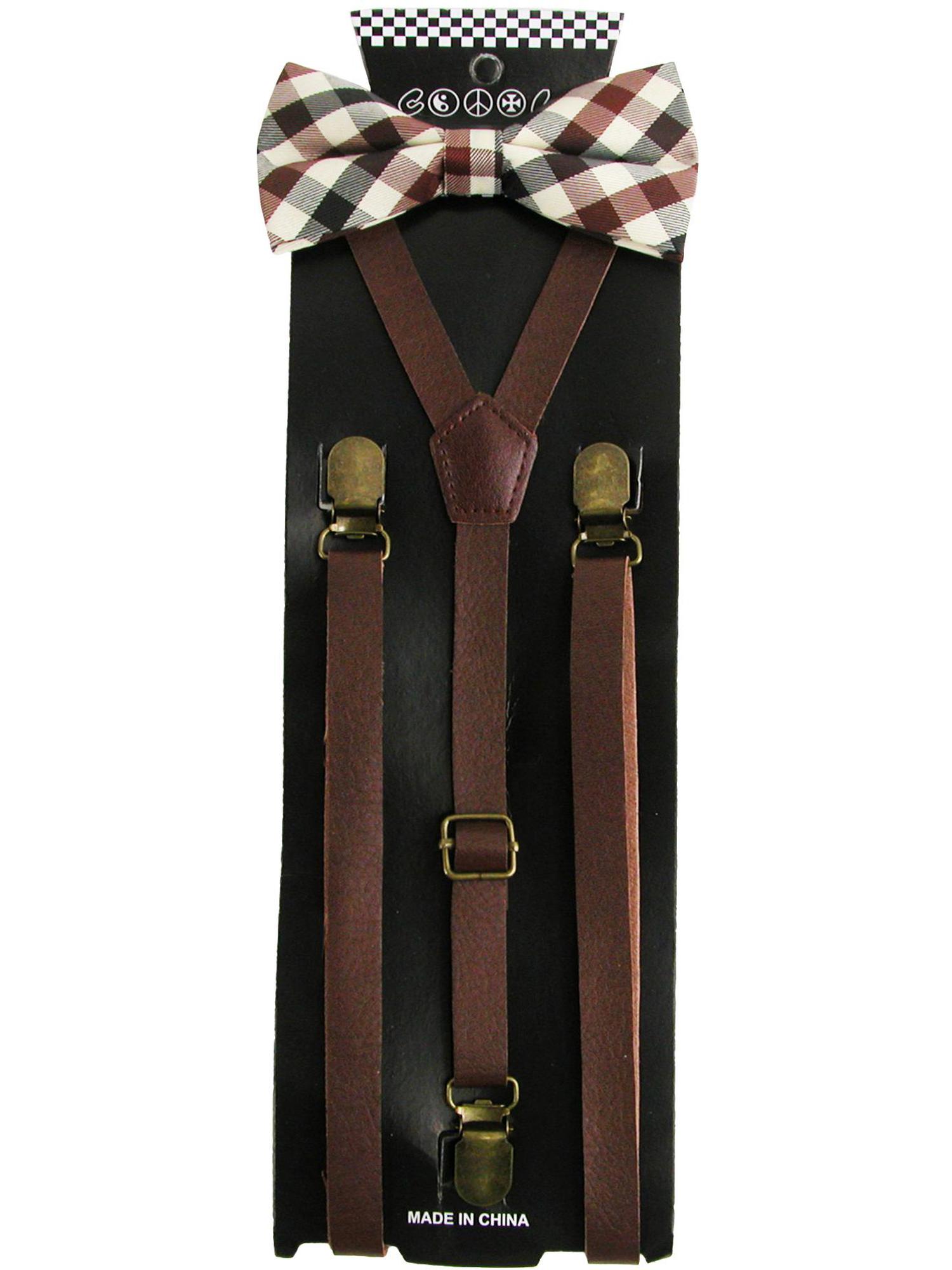 CTM CTM® Brown Plaid Bow Tie with Brown Faux Leather Suspender Set