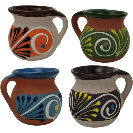 

Ceramic Clay 4 Mug Set Artisanal Mexican Jarrito Ponchero Coffee Tea Atole Champurrado Hot & Cold Beverages Handmade Assorted Colors