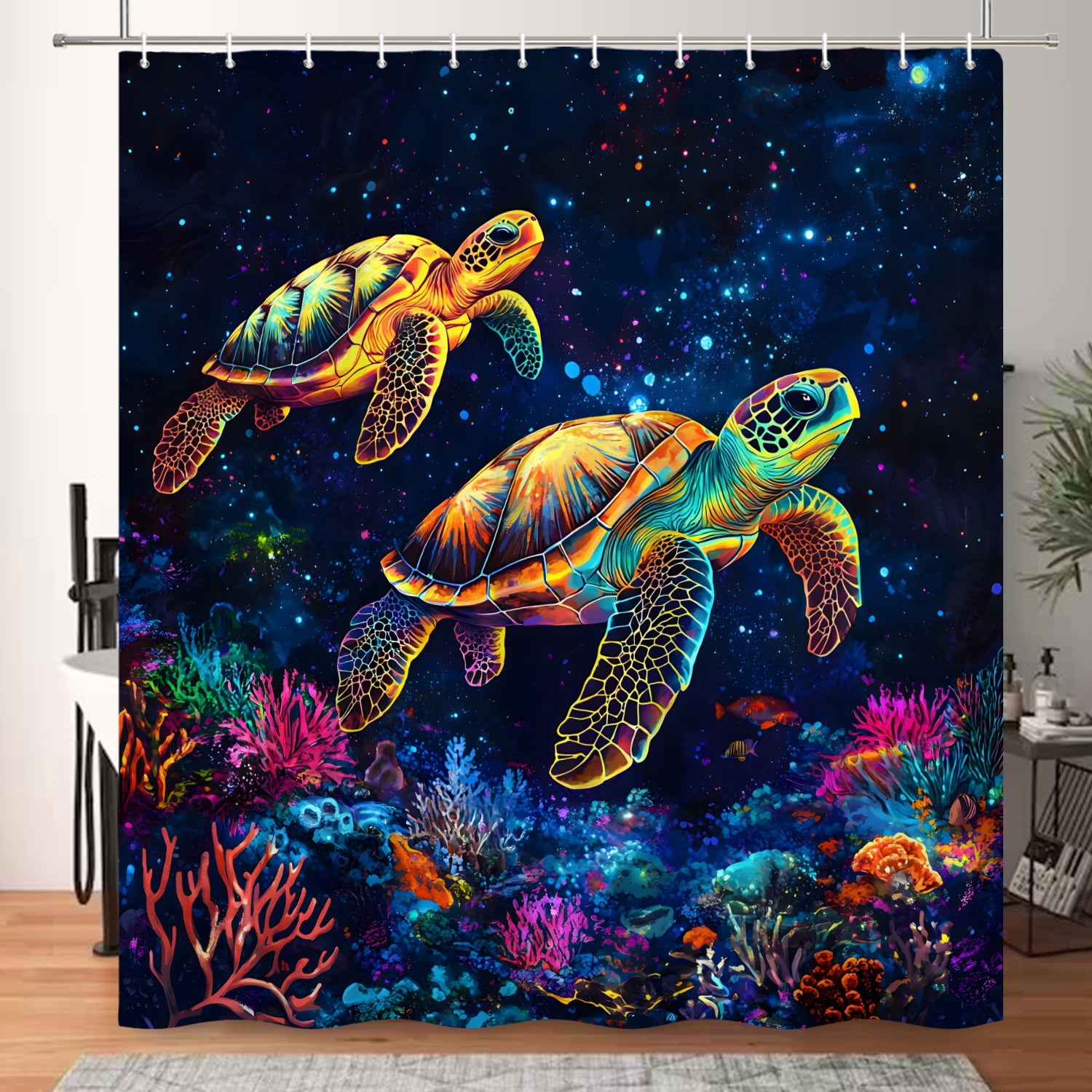 MIZHONA Sea Turtle Shower Curtain Blacklight Ocean Coastal Waterproof Fabric Bathroom Curtain 72x78 in