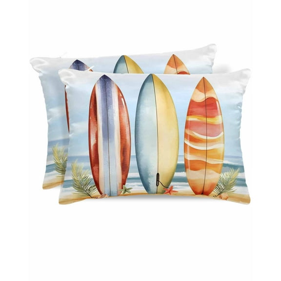 Hokiten Pillow Cases Standard Size Set of 2, Lumbar Pillow Covers, Summer Blue Coastal Satin Pillowcases with Zipper for Hair/Skin, Canoeing Yellow Beach Starfish 20x26 Inches