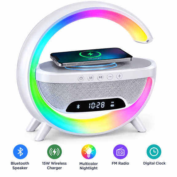 3-in-1 Multifunction Wireless Bluetooth Speaker with Multicolor Nightlight, 15W Wireless Charger & FM Radio