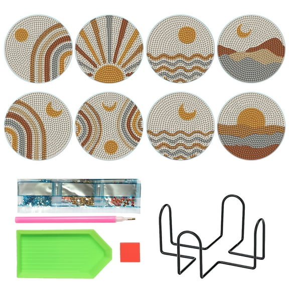 8pcs DIY Diamond Painting Coaster Kit with Sunset Sun Design and Stand, Perfect for Home Decor and Gift Giving