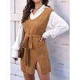 thumbnail image 2 of Womens Sweater Vest Dress Pattern Knitted Pullovers Sweaters V Neck Tie Waist Tank Sweater Dress Brown S, 2 of 8