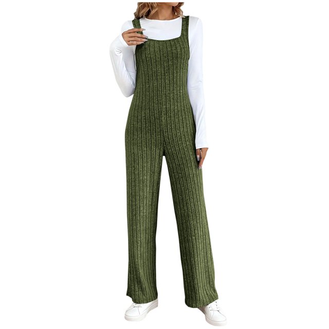 AherBiu Womens Ribbed Jumpsuits Sleeveless Square Neck Comfy Suspenders Slim Stretchy Rompers