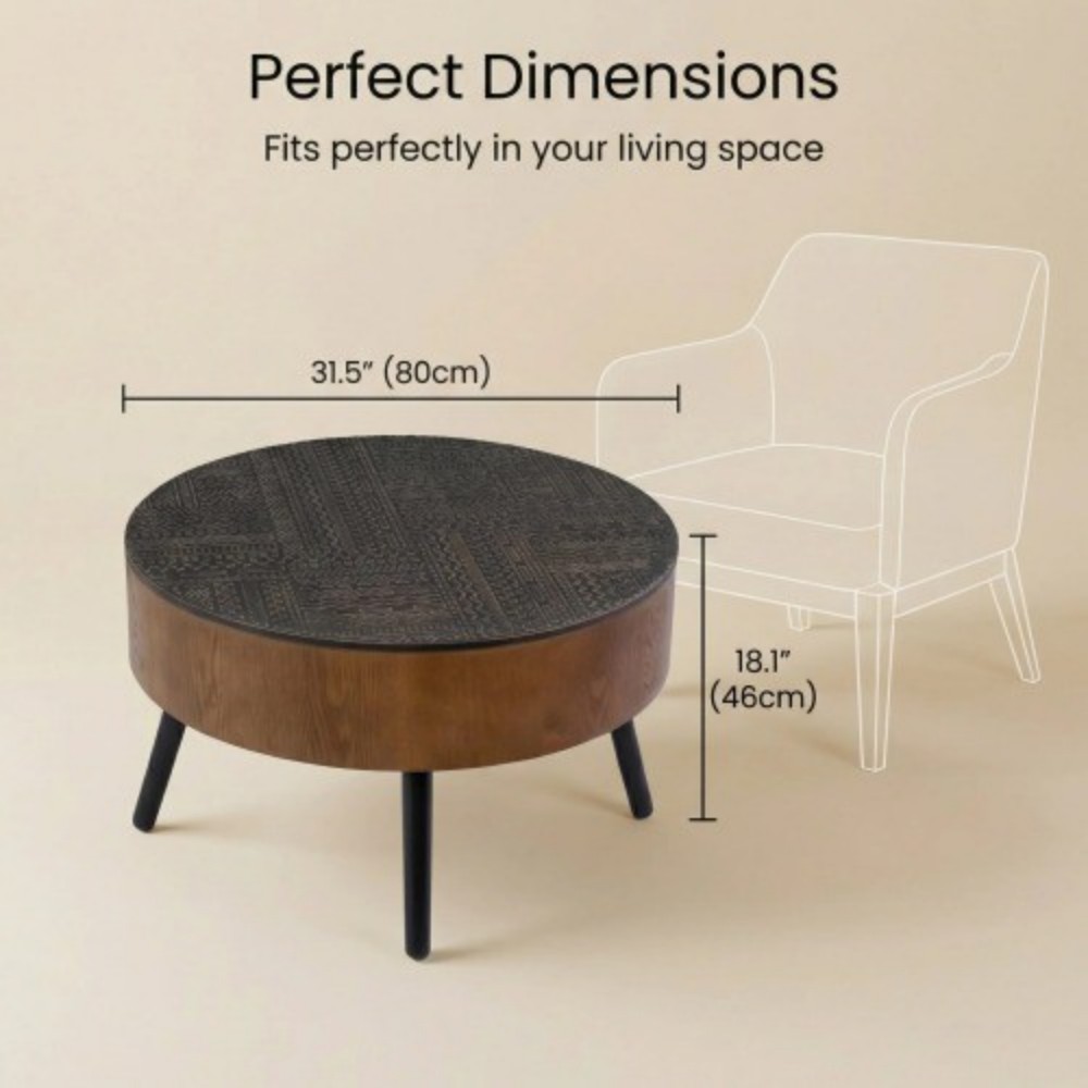 31.5" Round Coffee Table with Storage, Carved Wooden Tabletop, Mid-Century Modern Accent Table with Solid Wood Legs for Living Room, Apartment, Office, Black & Brown