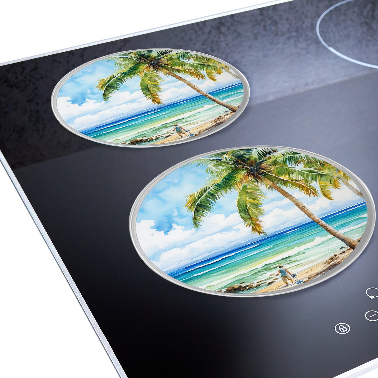 Decorative Stove Burner Covers 4 Pcs Metal Round Stove Burner Covers 8Inch And 10Inch for Home Decor Cooktop Decorative ,Ocean Beach Palm Tree Oil Painting colorful
