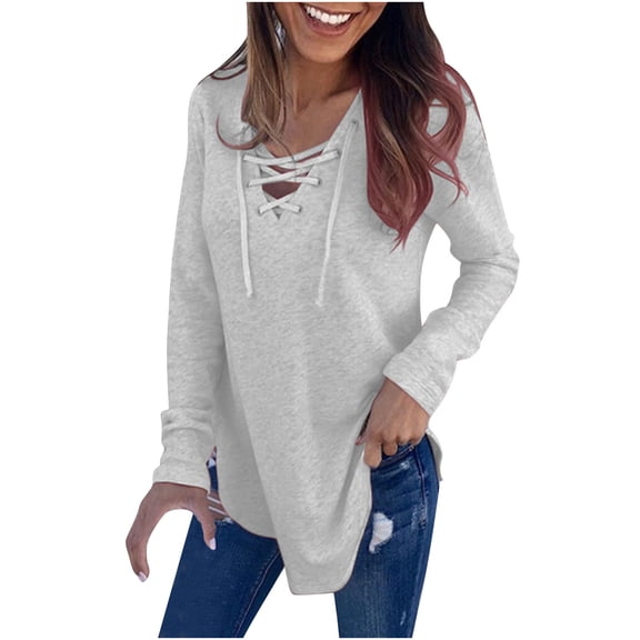 VEKDONE Womens Long Sleeve Top Deep V Neck Low-Cut Lace-up Criss Cross Bandage Blouse Casual Loose Solid Color Basic Tee Shirt