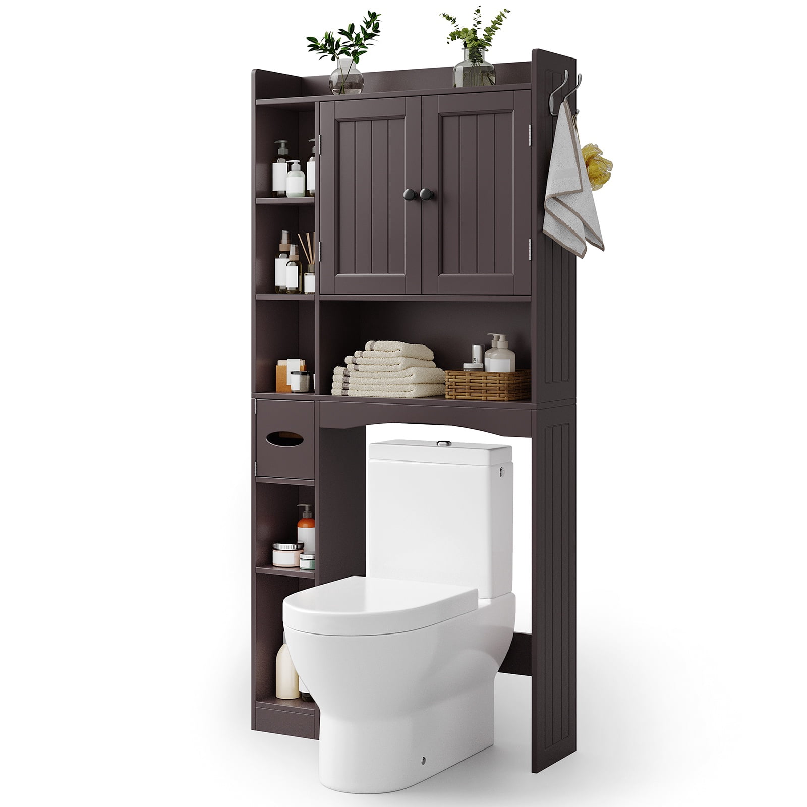 Over The Toilet Storage Cabinet, Asofer 66''H Bathroom Storage Organizer with Paper Holder and Adjustable Shelf, Dark Brown
