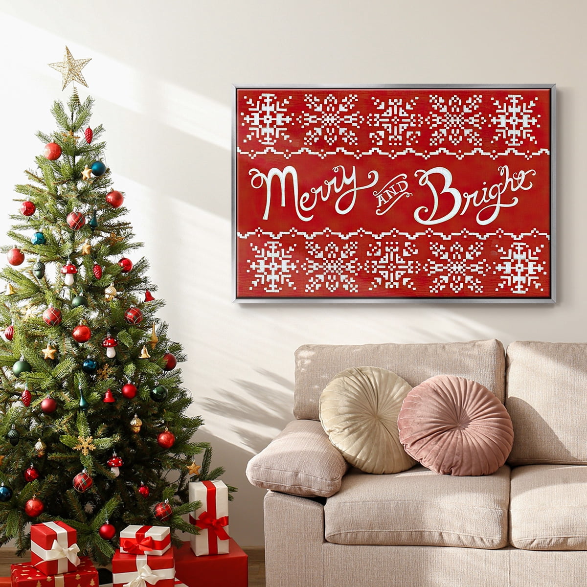 Fair Isle Snowflake I - Framed Gallery Wrapped Holiday Canvas - 17 x 25 - Silver Frame