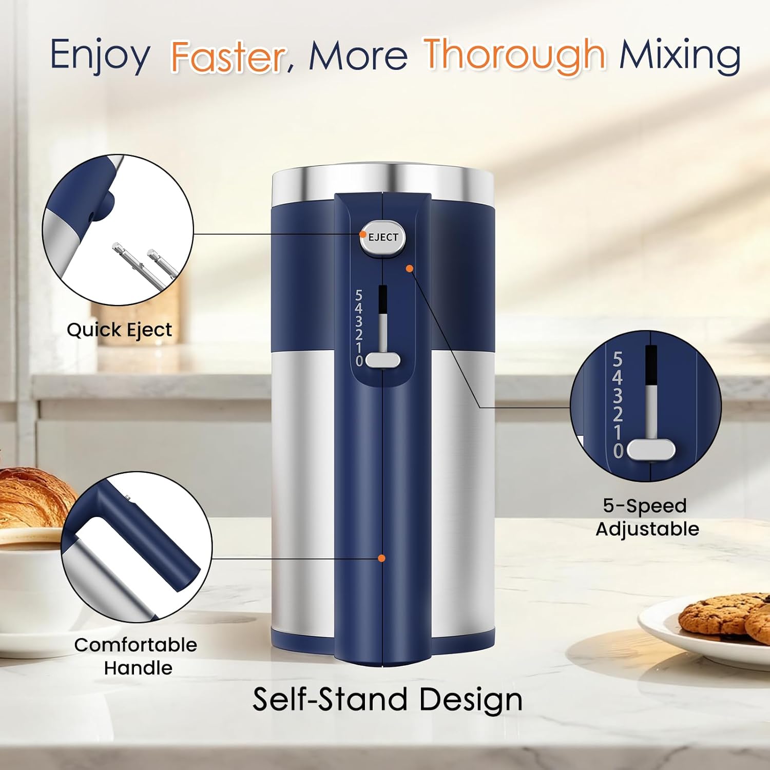 Powerful 600W Hand Mixer, 5-Speed Electric Hand Held Mixer for Baking, Lightweight Stainless Steel Hand Beaters *2 & Dough Hooks*2 with Eject Button, Kitchen Mixer for , Cookies, Dough-Blue