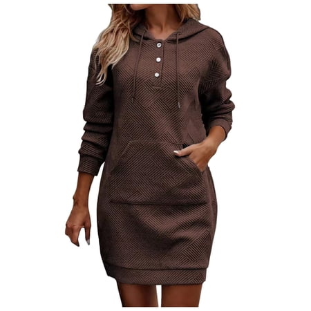 Siilsaa Long Sleeve Hoodies Dress 2024 Fall Trendy Texture Sweatshirts Outfits Button Hooded Dresses with Pockets Coffee S