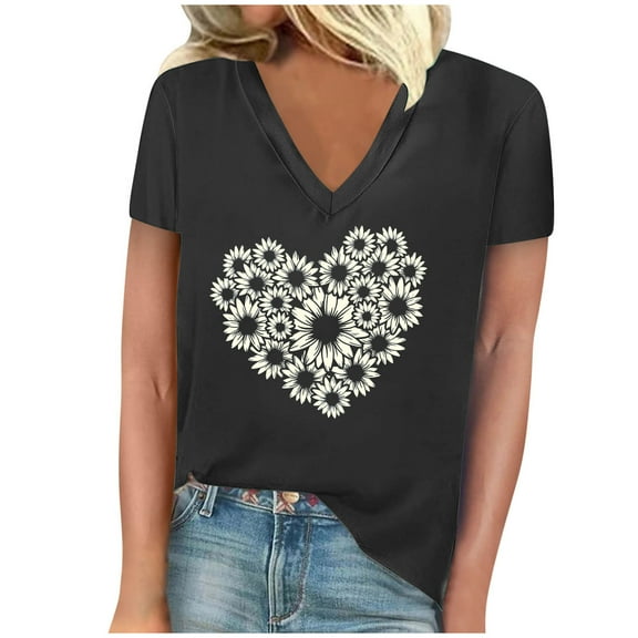 TFEOQRY Short Sleeve V-Neck Shirts for Women Fashion Flower Heart Printed Casual T-Shirt Tops Blouses Black
